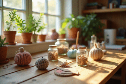 Espace de travail créatif à la maison avec matériaux recyclés