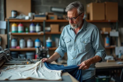 Homme dans son atelier examine un tshirt imprimé avec attention