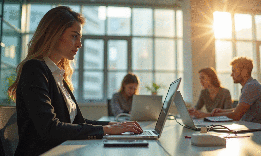 Bureau moderne avec femme en affaires utilisant un ordinateur