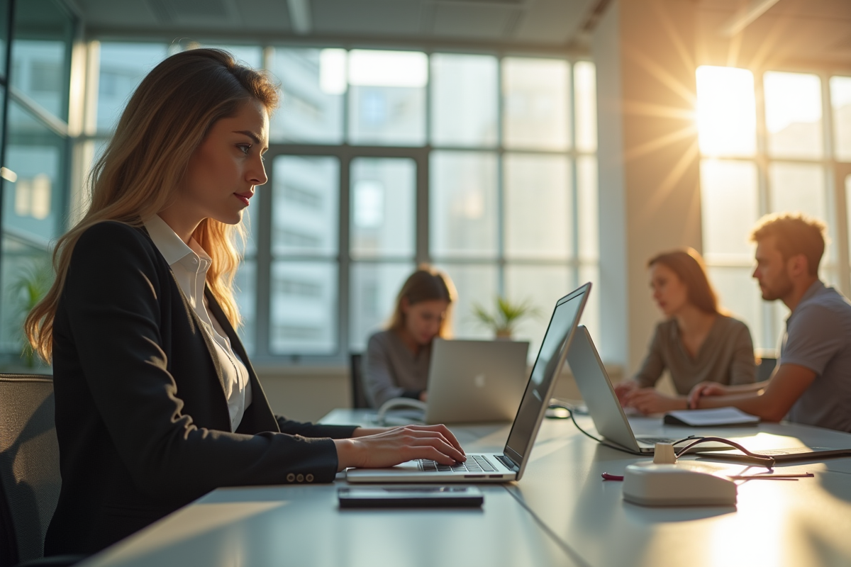 Bureau moderne avec femme en affaires utilisant un ordinateur
