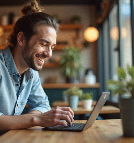 Client souriant utilisant une tablette dans un cafe lumineux