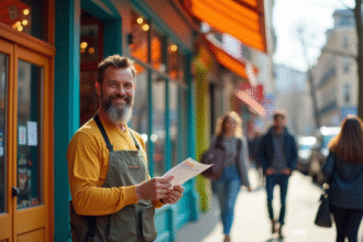 Propriétaire souriant distribuant flyers devant sa boutique colorée