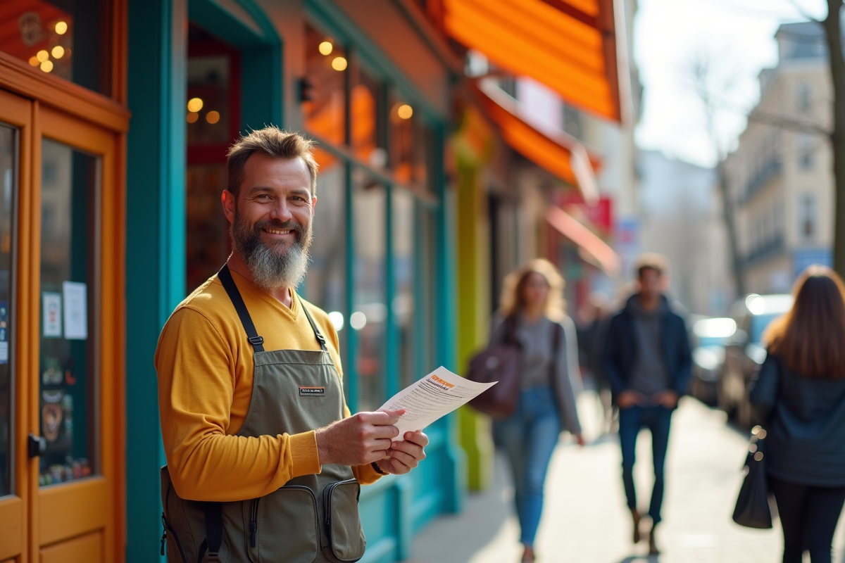 Propriétaire souriant distribuant flyers devant sa boutique colorée