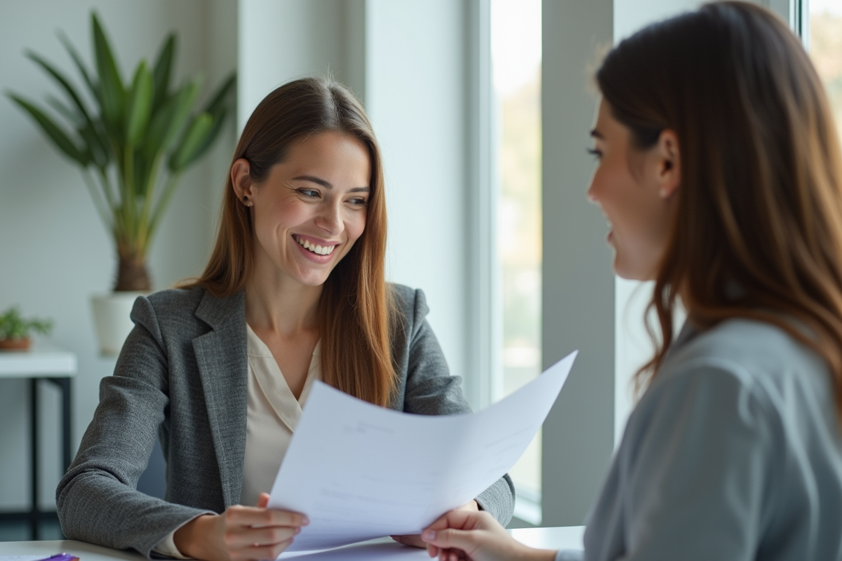 Femme souriante discutant avec un conseiller dans un bureau moderne