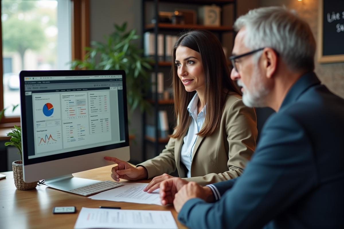 Consultante expliquant un logiciel ERP à un client en bureau