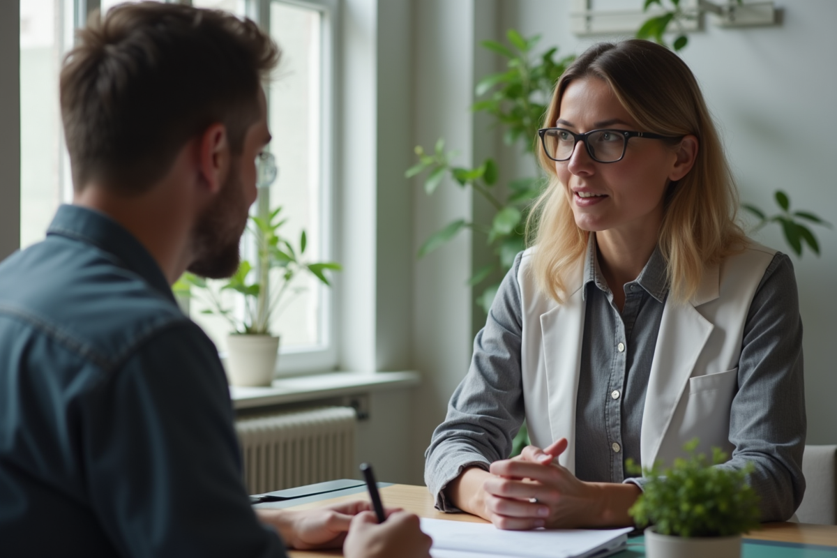 Orthophoniste consultant un adulte dans un bureau moderne