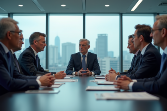 Groupe de délégués internationaux en réunion de travail