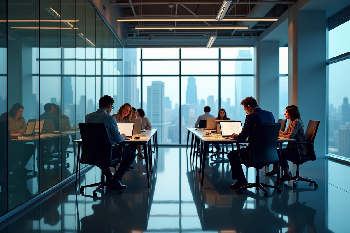 Équipe collaborant dans un bureau lumineux avec vue sur la ville