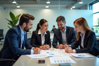 Groupe de professionnels discutant d'un diagramme ERP en réunion