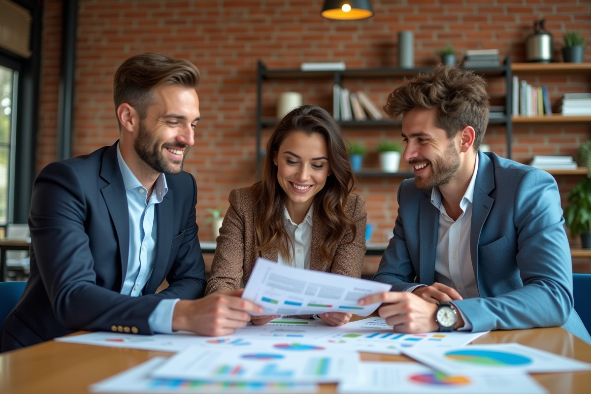 Groupe de marketing en réunion avec graphiques et documents