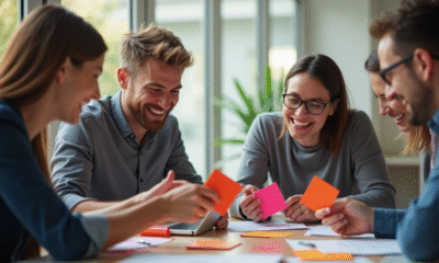 Employes heureux échangeant des cartes Kadeos Infini dans un bureau lumineux