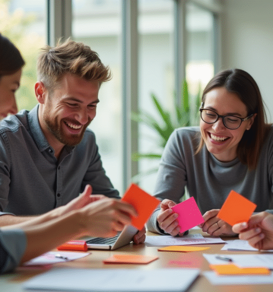Employes heureux échangeant des cartes Kadeos Infini dans un bureau lumineux