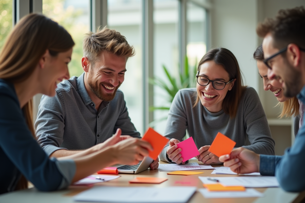 Employes heureux échangeant des cartes Kadeos Infini dans un bureau lumineux