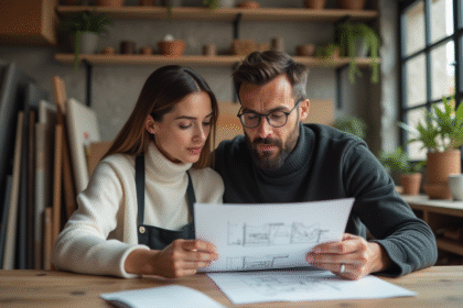 Femme et homme en atelier créatif regardant des esquisses d'art