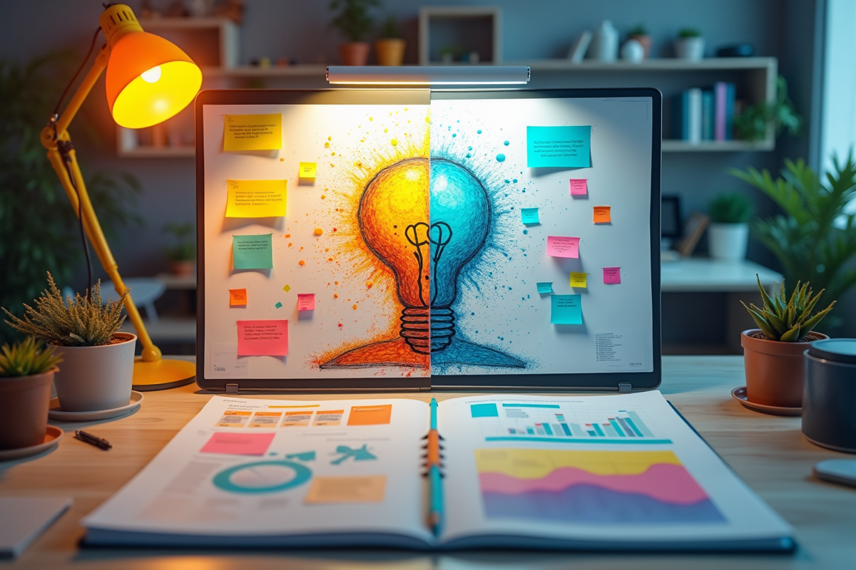 Espace de travail créatif avec notes colorées et graphiques d