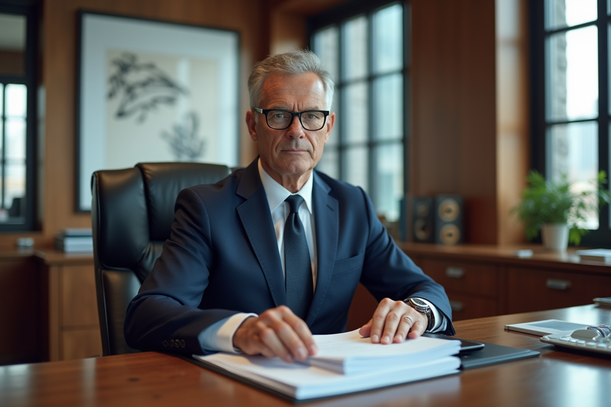 Homme d'affaires en costume bleu fonce dans un bureau moderne