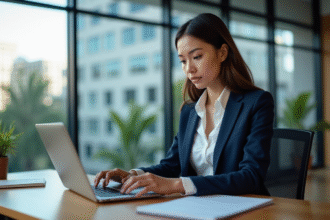 Femme d'affaires utilisant un logiciel CRM dans un bureau moderne
