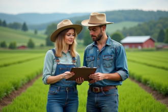 Femme et jeune homme dans un champ vert avec cultures saines