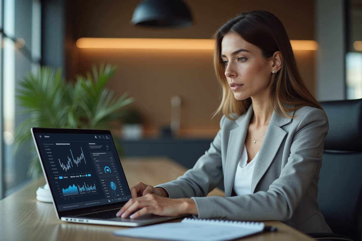 Femme analysant des données marketing sur son ordinateur