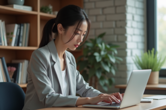 Jeune femme professionnelle tapant sur un ordinateur sécurisé