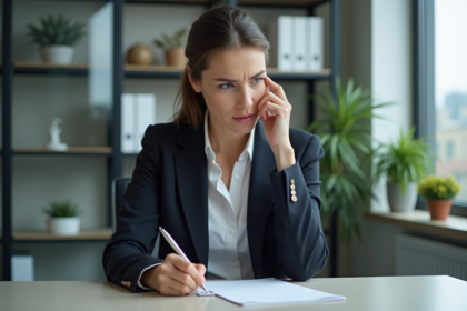 Femme en costume au bureau prenant des notes
