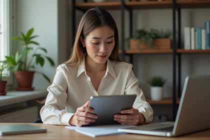 Jeune femme professionnelle utilisant une tablette dans un bureau moderne