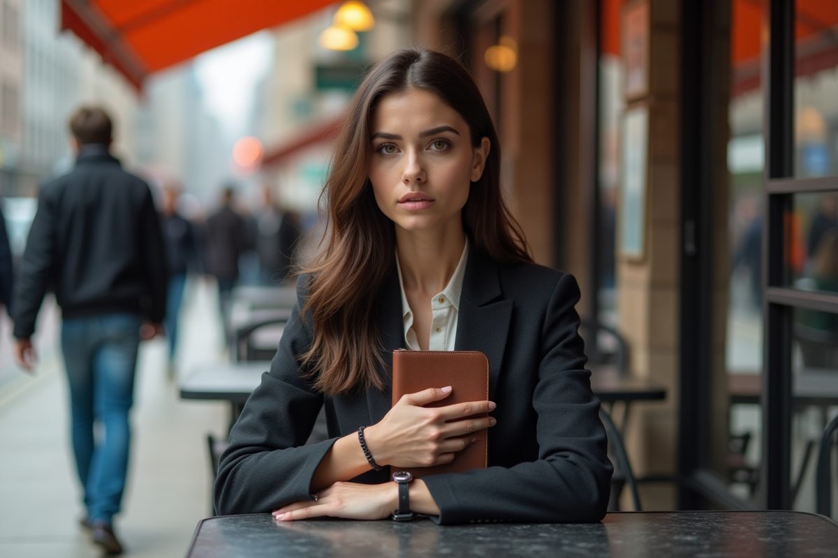 Jeune femme dans un café urbain surveillant les passants
