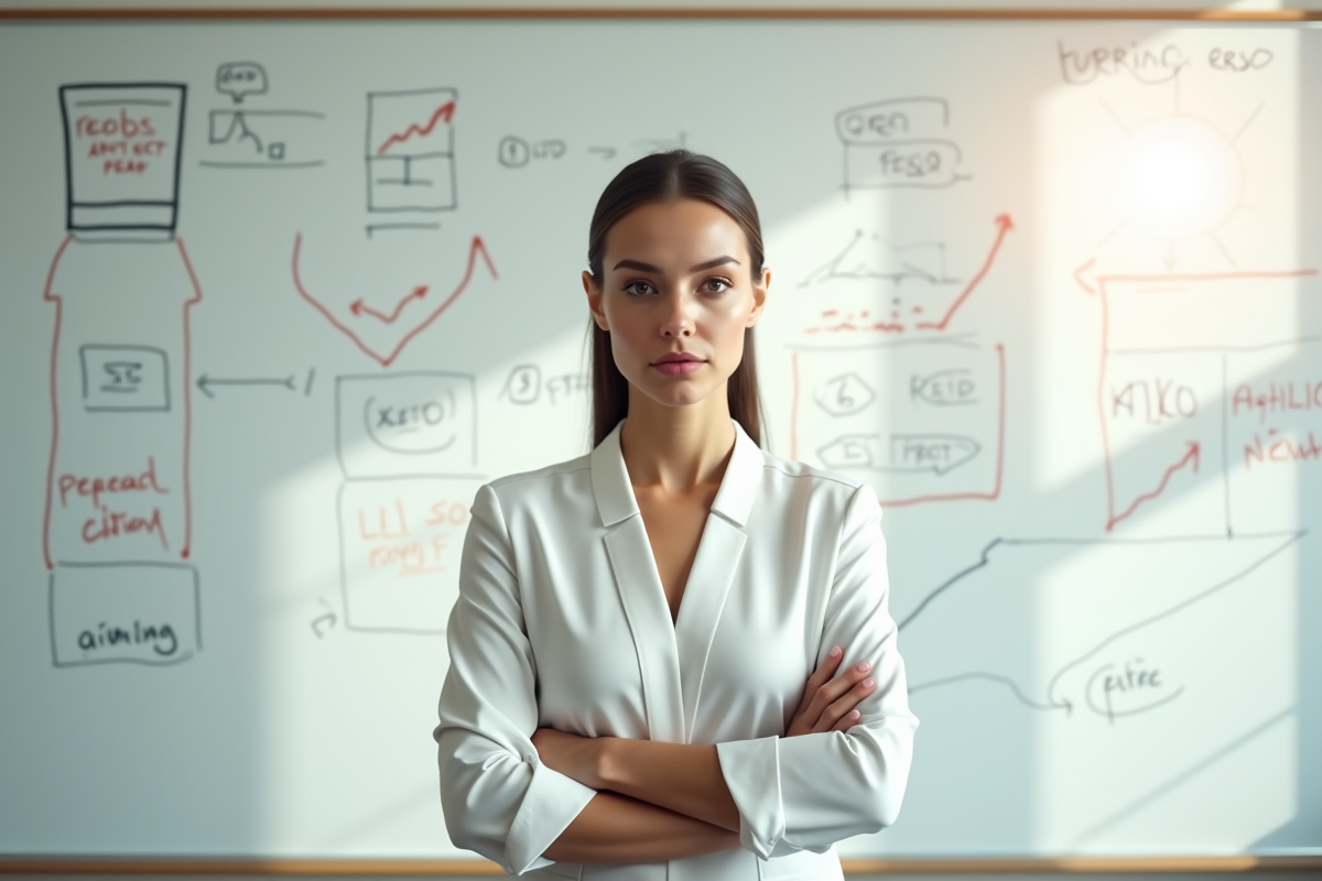 Femme confiante devant un tableau de strategie claire