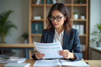 Femme professionnelle en bureau examinant un devis