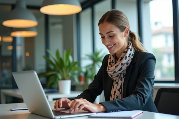 Femme professionnelle en bureau moderne avec ordinateur