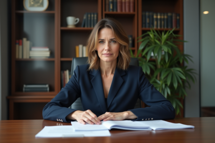 Femme professionnelle française en costume navy au bureau