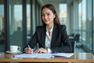Femme professionnelle en costume dans un bureau moderne