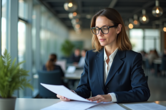 Femme en costume dans un bureau moderne en pleine réflexion