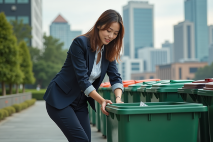 Femme en costume recyclant dehors un bâtiment moderne
