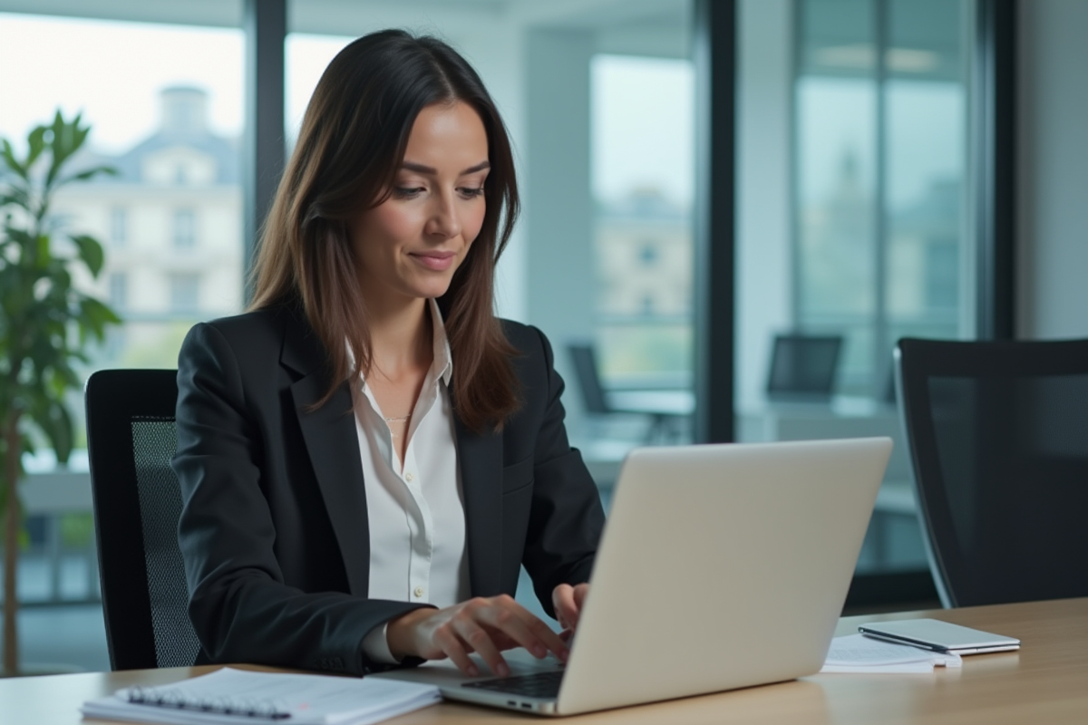 Femme en blazer regardant un laptop avec site iledefrance fr