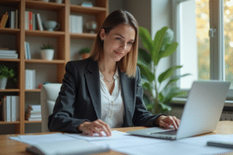 Femme professionnelle travaillant à domicile dans un bureau lumineux