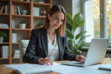 Femme professionnelle travaillant à domicile dans un bureau lumineux