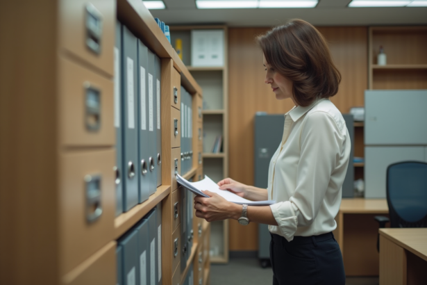Femme d'âge moyen triant des documents dans un bureau organisé