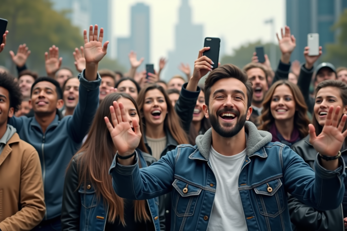 Groupe de fans enthousiastes devant une ville moderne
