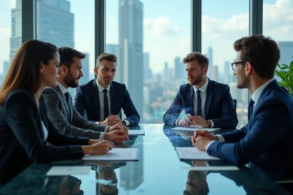 Groupe de professionnels en réunion analysant des données financières digitales