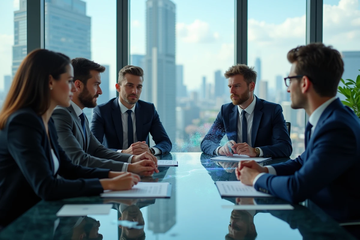 Groupe de professionnels en réunion analysant des données financières digitales