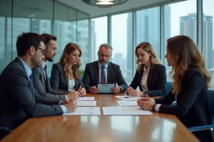 Groupe de professionnels en réunion autour d'une table avec standards ISO 9000