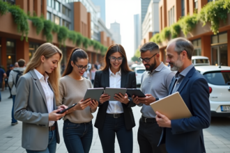 Groupe diversifié en ville avec tablettes et notebooks écologiques