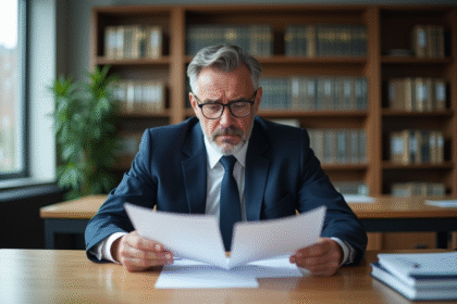 Homme d'affaires en costume examinant des documents dans un bureau moderne