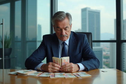 Homme d'affaires comptant des billets en euro dans un bureau moderne