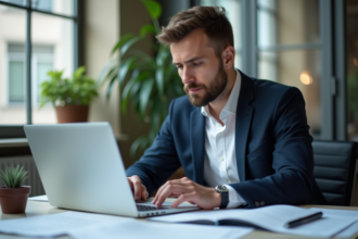 Homme d'affaires en blazer lisant des documents juridiques