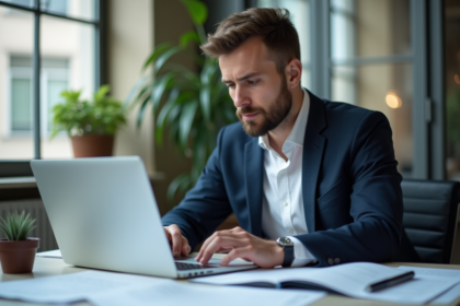 Homme d'affaires en blazer lisant des documents juridiques