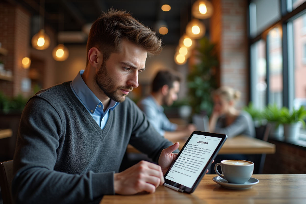 Jeune homme au café consultant ses conditions générales sur tablette
