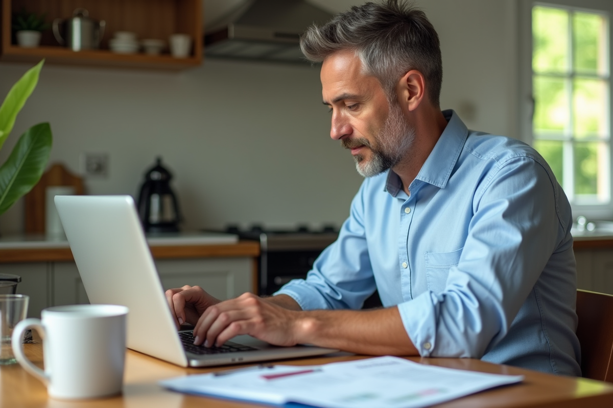 Homme d affaires à la maison saisissant un devis sur ordinateur