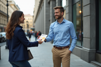 Jeune homme en ville distribuant un flyer promotionnel